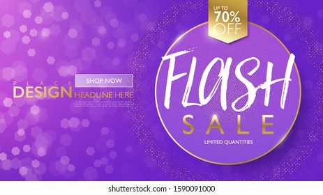 Flash sale marketing banner. Discount promo offer flyer and poster. Purple and gold with geometric round objects abstract background. Vector illustration template.