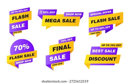 Flash-Verkauf und Mega-Verkauf Banner-Set mit violetten und gelben Promotion-Ribbon-Etiketten
