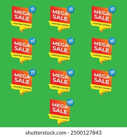 Flash sale mega sale collection 10 to 100% offer illustration isolated on green Background 
