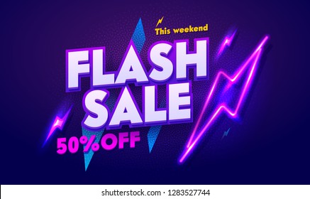 Flash Sale Neon Light Typography Banner. Discount Night Advertising Glow Electric Billboard. 3d Glossy Horizontal Shape Laser Special Poster Signboard. Dark Purple Web Layout Vector Illustration