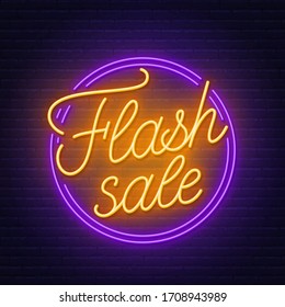 Flash Sale Neon Sign On Brick Wall Background.