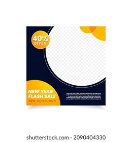 flash sale new year promo banner template yellow dark blue color. 40 percent discount offer. social media needs post.