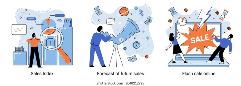Flash sale online, sales index, forecast of future sales, special offer, e-commerce shop promotion, business statistics, performance. Retail profit plan, profit analysis abstract concept vector set svg