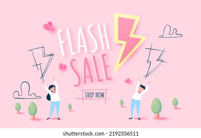 flash sale pink background. lover, heart, thunder. paper cut and doodle style. vector art and illustration. Version 2.