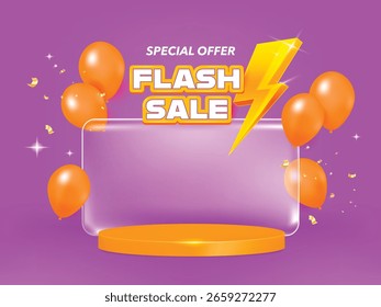 Exibição de pódio de venda flash. Design de composição com 3D trovão parafuso e balão. Modelo de faixa de venda.