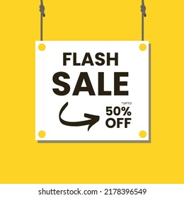 Flash-Verkauf, Verkauf Post-Vorlage, Rabatt-Angebot, Rabatt bis zu 50% Rabatt, Schild an der Wand, Seil-Vektorgrafik, Zeichenbrett-Vektorgrafik, Hängezeichen-Vektorgrafik