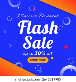 Flash Sale Poster auf blauem Hintergrund mit bis zu 30% Rabatt. Massiver Rabatt. Jetzt einkaufen. Flash Sales Banner Template Design für Social Media und Website. 30 % Rabatt.