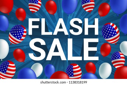 Flash Sale Poster Flyer Banner Vector Illustration. American Flag Balloon On Blue Background Design. Holiday Celebration Concept Advertising.