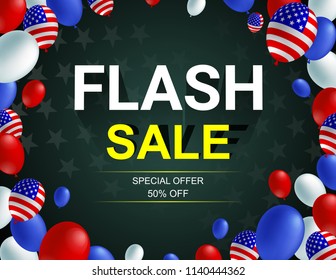 Flash Sale Poster Flyer Banner Vector Illustration. American Flag Balloon On Dark Background Design. Holiday Celebration Concept Advertising.