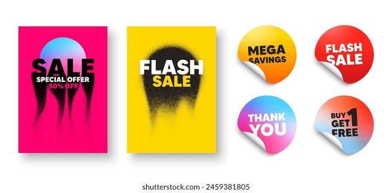 Flash sale poster. Thank you, Flash sale, Special offer stickers. Poster frame with grain dots. Offer sticker with gradient shape. Frame sale banner with noise dots. Buy 1 get 1 free offer. Vector