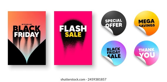 Flash sale poster. Thank you, Black friday, Special offer discount stickers. Poster frame with grain dots. Offer sticker with gradient shape. Black friday sale banner with noise grain dots. Vector