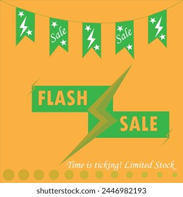 Flash Sale Poster used for Social Media, E-Commerce and Business. Simple Mild Yellow color background with hanging banners of flash sale. Limited stock.