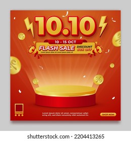 Flash sale promo banner 10.10 template with podium and flying discount coins, sale and discount background - Shutterstock ID 2204413265