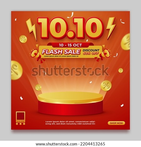 Flash sale promo banner 10.10 template with podium and flying discount coins, sale and discount background