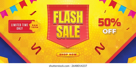 Flash sale promo banner with discount offer. shopping festival super sale banner. Flash sale special offer banner for social media post or website banner. Flash sale campaign