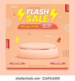 Flash sale promo banner with podium on abstract background, sale and discount background template