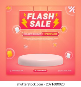Flash sale promo banner template with podium and flying discount label, sale and discount background - Shutterstock ID 2091680023