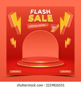 Flash sale promo banner template with podium and flying discount, sale and discount background