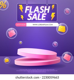 Modelo de banner promocional de venta flash con etiqueta de podio y descuento volador, fondo de venta y descuento. Ilustración del vector