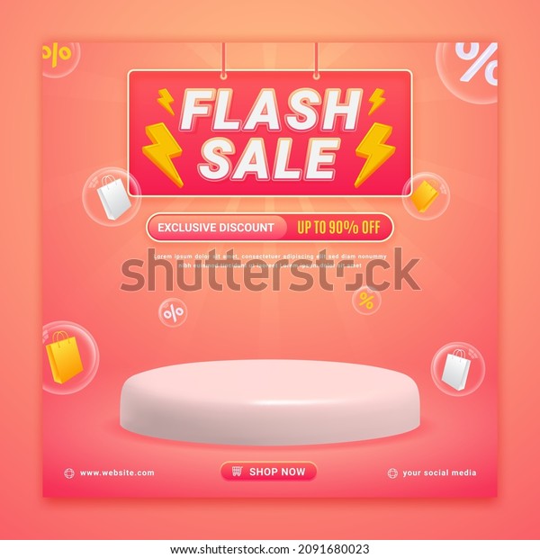 Flash sale promo banner\
template with podium and flying discount label, sale and discount\
background