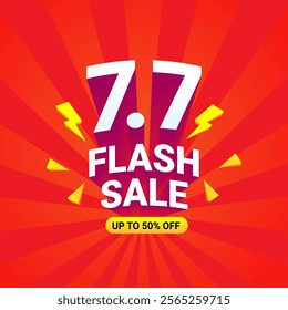 Flash sale promotion with 3D number 7.7 in white color with red circle promotion label 50% discount for advertising campaign on eleven day of eleven month.