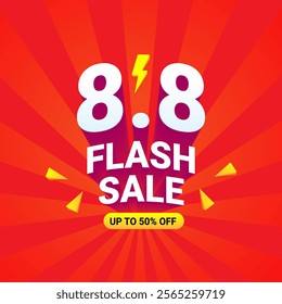 Flash sale promotion with 3D number 8.8 in white color with red circle promotion label 50% discount for advertising campaign on eleven day of eleven month.