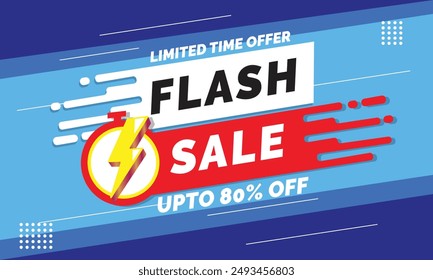 Promoción de venta en Flash. Venta Anuncio con 80 por ciento de descuento. Oferta especial limitada en el tiempo. Obtén una invitación de descuento extra. Ilustración vectorial de póster, Cupón o cupón comercial