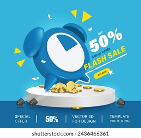 flash sale promotion ,blue alarm clock announces a limited time flash sale promotion of 50% off, and it's all on white round podium with spotlights shining on it, vector 3d for advertising design