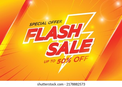 Promoción de Flash Sale. Oferta especial con trueno. compra de descuento, promoción de venta y publicidad, fondo de banner rojo y naranja. Ilustración vectorial.