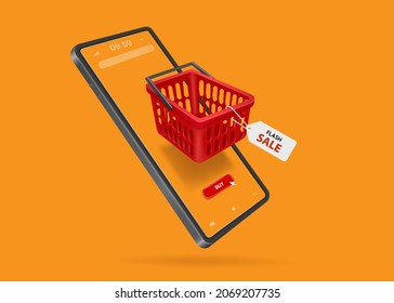Flash sale promotion tag is hung from a red shopping basket floating on the smartphone screen and all floating in the air,vector 3d isolated on orange background for online shopping concept design