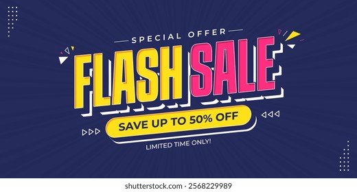 Flash sale promotional banner with bold 3d text, thunder and geometric shapes. Flash sale promo with discount offer for online shopping, special offer, voucher, website, social media advertising