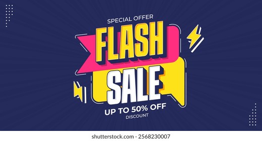 Flash sale promotional banner with bold 3d text, thunder and geometric shapes. Flash sale promo with discount offer for online shopping, special offer, voucher, website, social media advertising