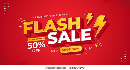 Flash sale promotional banner with bold 3d text, thunder and geometric shapes. Flash sale promo with discount offer for online shopping, special offer, voucher, website, social media advertising