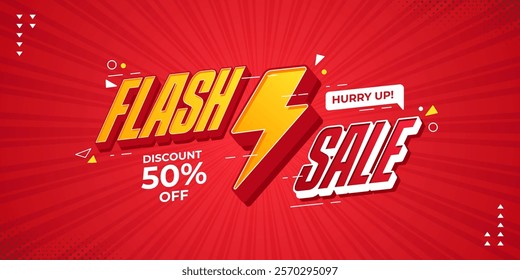 Flash sale promotional banner with bold 3d text, thunder and geometric shapes. Flash sale promo with discount offer for online shopping, special offer, voucher, website, social media advertising
