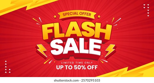 Flash sale promotional banner with bold 3d text, thunder and geometric shapes. Flash sale promo with discount offer for online shopping, special offer, voucher, website, social media advertising