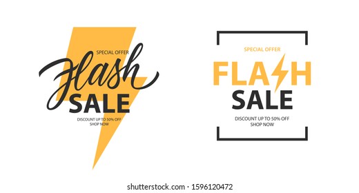 Flash Sale promotional labels templates set. Special offer text design with thunder sign and hand lettering for business, discount shopping, sale promotion and advertising. Vector illustration.
