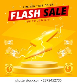 Flash Sale promotional labels templates set. Special offer with thunder sign and hand lettering for business, discount shopping, sale promotion and advertising.