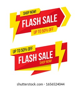 Flash Sale promotional tags set. Commercial signs with lightning bolt for business, discount shopping, sale promotion and advertising. Vector illustration.