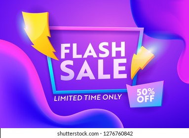 Flash Sale Purple Gradient Horizontal Poster. Online Ecommerce Discount Promotion Typography Template. Lightning Symbol On Closeout Colorful Badge Banner Design Vector Illustration