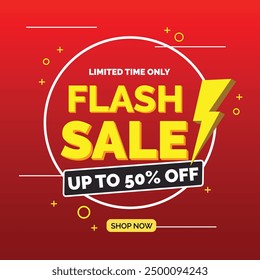 Póster de degradado rojo de venta flash. Plantilla de Tipografía de Promoción de Descuento de Comercio Electrónico en Línea. Símbolo del rayo en la Ilustración vectorial colorida del diseño del Anuncio de la insignia del cierre