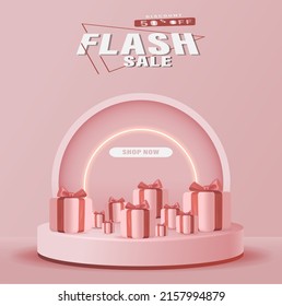 Flash Sale Shopping Banner with Gift Box Vector Illustration. Sale and Discount Background with Podium and Pink Gift Box.