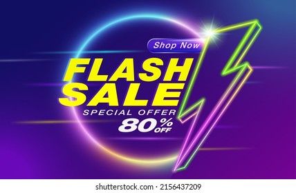 Flash Sale Shopping banner template design with neon glowing lightning icons. Advertising campaign special discount 80% to promote sales.