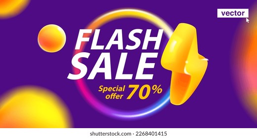 Flash Sale shopping banner template design with neon glowing lightning, multicolor circle, and spheres icons. Vector 3D UI element for Black Friday, Big sale, end of season advertising promo pages.