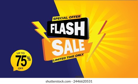 Anuncio de compras de venta flash con trueno hasta 75 por ciento de descuento, oferta especial, solo por tiempo limitado, venta flash campaña creativa ventas azul amarillo diseño de Plantilla de Anuncio para redes sociales y Sitio web