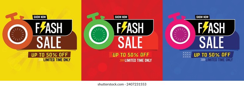 Flash Sale Shopping Poster or banner with Flash icon and text on red, yellow and blue background. Special Offer 50% Flash Sale limited time only campaign. Flash Sales banner template design for web