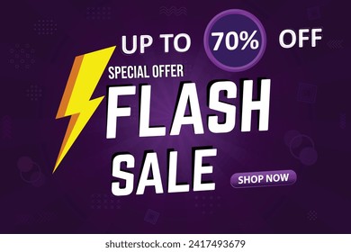 Afiche de la compra de Flash Sale, banner con icono Flash y texto 3D sobre fondo morado. Diseño de plantillas de banner de Flash Sales para medios sociales y sitios web. Oferta especial 70% fuera de la campaña de ventas flash 