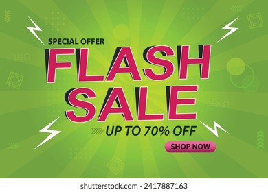 Afiche o banner Flash Sale Shopping con icono Flash y texto 3D sobre fondo verde limo. Diseño de plantillas de banner de Flash Sales para sitios web y medios sociales. Campaña de oferta especial o promoción.