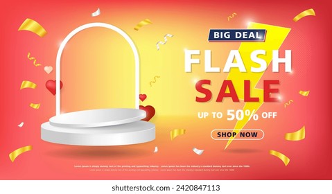 Flash Sale Shopping Poster or banner. Background for valentine's day banner. Valentine's day minimal scene for products showcase. Valentine's Day sale.