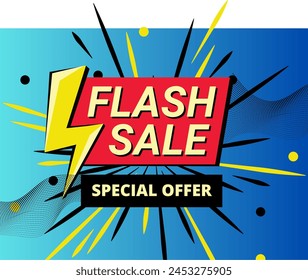 Póster o Anuncio de compras con ícono de Flash y texto blanco sobre fondo azul y rojo. Diseño de Plantilla de Anuncio de ventas Flash para medios sociales y Sitio web.