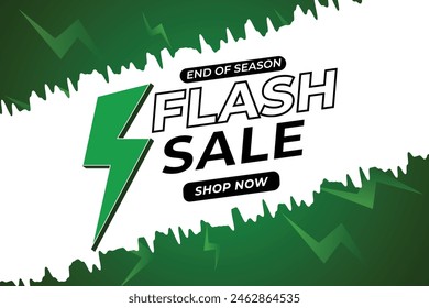 Póster o Anuncio de compras con ícono de Flash y texto en 3D sobre fondo verde. Diseño de Plantilla de Anuncio de ventas Flash para redes sociales y Sitio web.